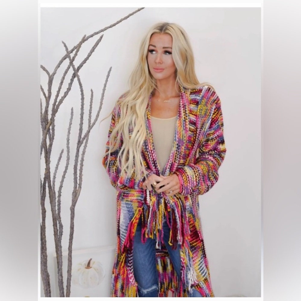 BLUE BUTTERCUP multi yarn cardigan in multi color boho fringe
